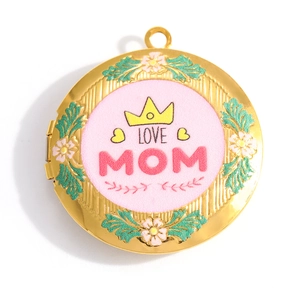 Golden round locket necklace with Love Mom heart pattern and colorful floral relief