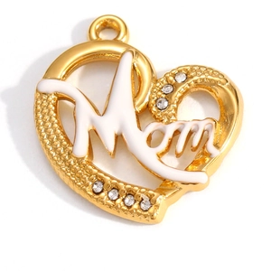 18K gold plated stainless steel heart mom pendant with white enamel and zircons