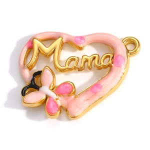 Detail of a gold-plated heart pendant with pink enamel, Mama text, and a butterfly