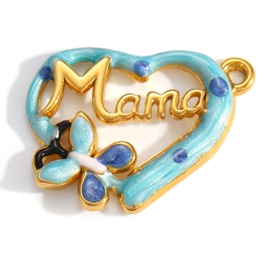 Gold-plated heart pendant with Mama lettering, blue enamel finish and butterfly detail