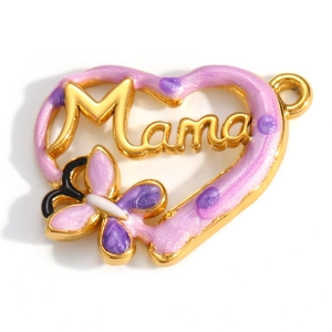 Detail of a golden heart pendant with purple enamel, Mama script and a small butterfly
