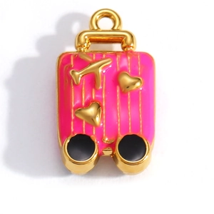 Pink enamel travel suitcase pendant in 18K gold plated stainless steel with airplane detail
