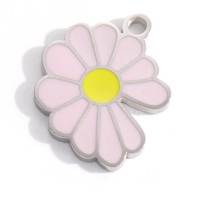 Pink daisy flower charm pendant in silver steel with 18k gold plating for DIY jewelry