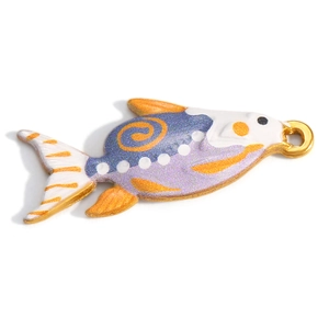 Close-up of colorful fish pendant with artistic enamel oil drip patterns and gold plating