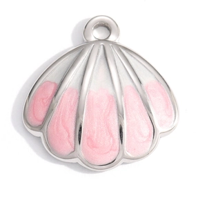 Pink pearl enamel seashell pendant in silver stainless steel with 18K gold plating