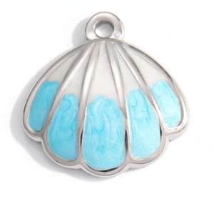 Close-up of a silver shell charm with blue glitter enamel and 18K gold-plated details
