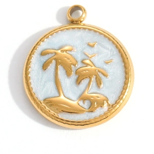 Detailed close-up of a gold-plated stainless steel tropical palm tree round pendant charm