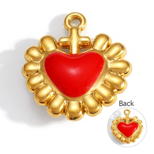 Detail of 18K gold heart pendant with red enamel inlay and cross bail showing back view