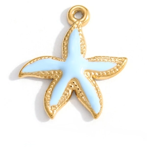 Detail of starfish pendant with golden metal border and light blue enamel filling