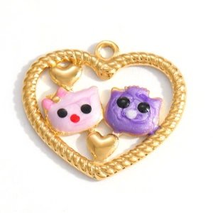 Golden heart-shaped stainless steel pendant with colorful enamel cartoon characters