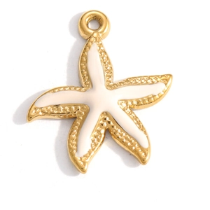 Macro detail of a 18K gold plated starfish pendant with white enamel inlay and ring