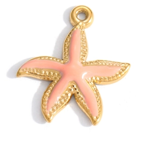 Detailed close-up of a 18K gold plated starfish pendant with pink enamel filling and loop