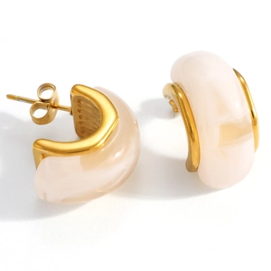 Elegant C-shaped stainless steel gold hoop earrings with cream resin marble inlay