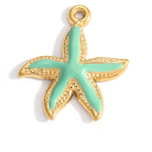 Detailed macro view of starfish charm featuring mint green enamel and 18K gold plating