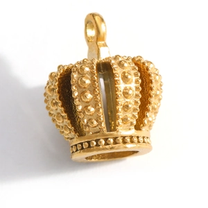 Gold stainless steel crown pendant with hollow texture and bead detailing for DIY jewelry