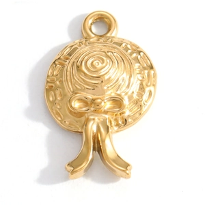 Detailed view of a polished 18K gold straw hat pendant with bow and tassel detail