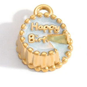 Macro view of a gold birthday cake charm with blue glitter enamel and Happy Birthday text