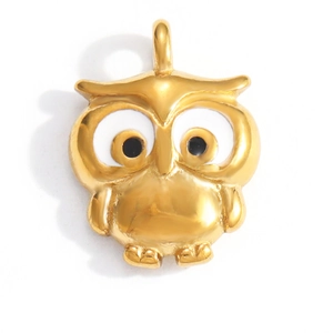 Golden owl charm pendant with white enamel eyes for DIY necklace making and jewelry
