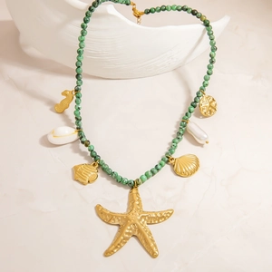 Collier océan en acier inoxydable avec breloques étoile de mer, perles vertes et nacre