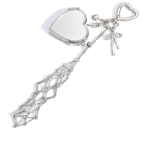Silver heart locket bag charm with chic metal tassels and bow pendant for DIY bags