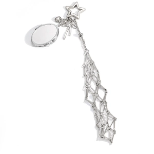 Polished silver heart and bow pendant with star clasp and unique mesh chain detail