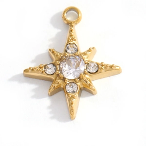 Macro detail of gold eight-pointed star pendant with clear zircon stones and top loop