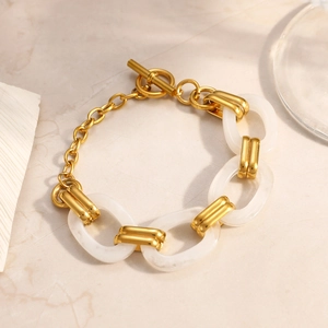 18K gold plated stainless steel toggle clasp bracelet with white resin oval links