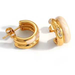 Gold-plated C-shaped hoop earrings with cream enamel and sparkling crystals