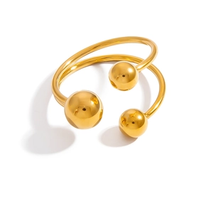 Minimalist double-band 18K gold-plated stainless steel open bracelet with three spherical beads