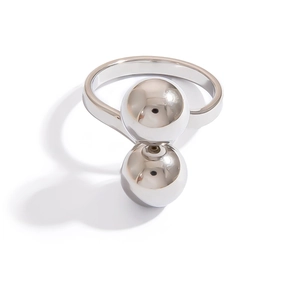 Minimalist stainless steel ring featuring a unique double ball design in polished silver finish