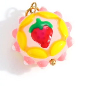 Colorful resin strawberry dessert charm pendant with pink accents and golden ring