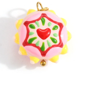Pink sun-shaped stainless steel pendant with red heart and golden hanging ring
