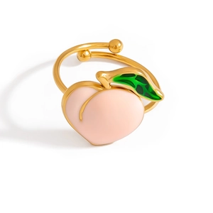 18K gold plated stainless steel open ring featuring a cute pink peach enamel design
