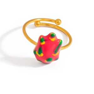 Minimalist gold stainless steel open ring featuring a creative pitaya fruit enamel design