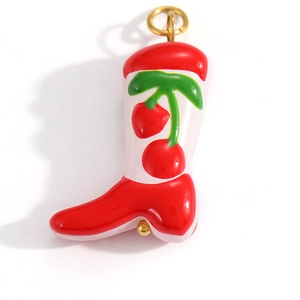 Stainless steel boot pendant with cherry pattern and red enamel finish for DIY jewelry
