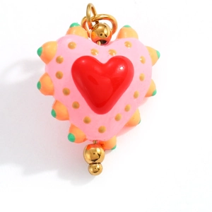 Pink heart pendant with red center and yellow spikes for DIY necklaces jewelry