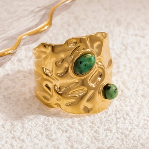 Gold plated stainless steel ring with hammered texture and green natural stone insets