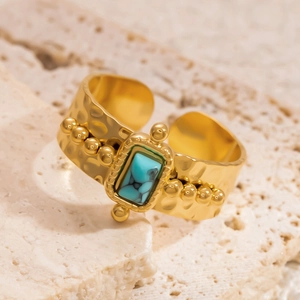 Hammered gold stainless steel ring with turquoise stone inlay for women in vintage style