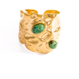 Retro 18K gold plated stainless steel wide ring with green turquoise in lava texture