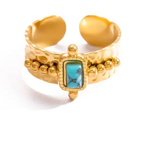 Adjustable golden stainless steel ring with turquoise stone and hammered texture finish