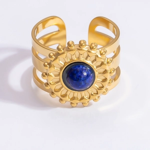 Vintage 18K gold plated stainless steel ring with turquoise inlay in bohemian sunburst style