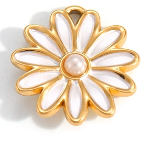 18K vergoldeter Gänseblümchen-Anhänger mit weißen Blütenblättern und Perle für DIY-Schmuck