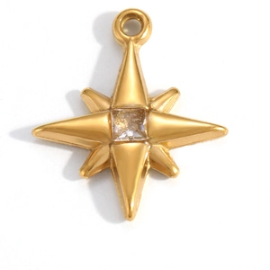 Macro detail of 18K gold plated octagonal star pendant with a square zircon stone