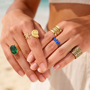 Bagues Ouvertes en Acier Inoxydable Océan pour Femmes Plaquées Or Martelées Étoile de Mer Conque Bijoux de Mode Ajustables