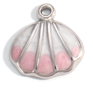 Detail of shell-shaped metal pendant with pink and white glitter inlay and top jump ring