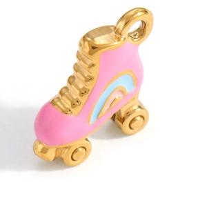 Pink enamel roller skate pendant with 18K gold plating and colorful rainbow details