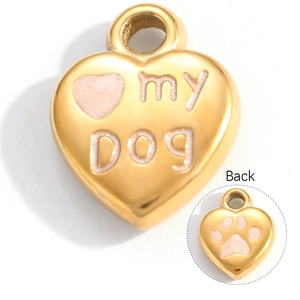 Golden heart-shaped pet pendant with pink glitter my DOG text and paw print detail
