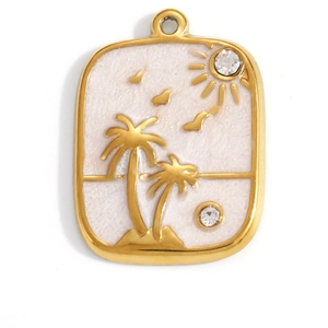 Detail of gold-plated rectangular pendant with palm tree relief and white enamel