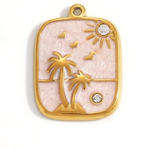Detail of 18K gold-plated tropical palm tree pendant with pink enamel and zircons