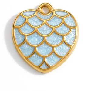 Blue fish scale pattern heart-shaped stainless steel pendant charm for DIY jewelry